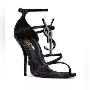 Saint Laurent Black Patent Leather YSL Monogram Stiletto Sandals